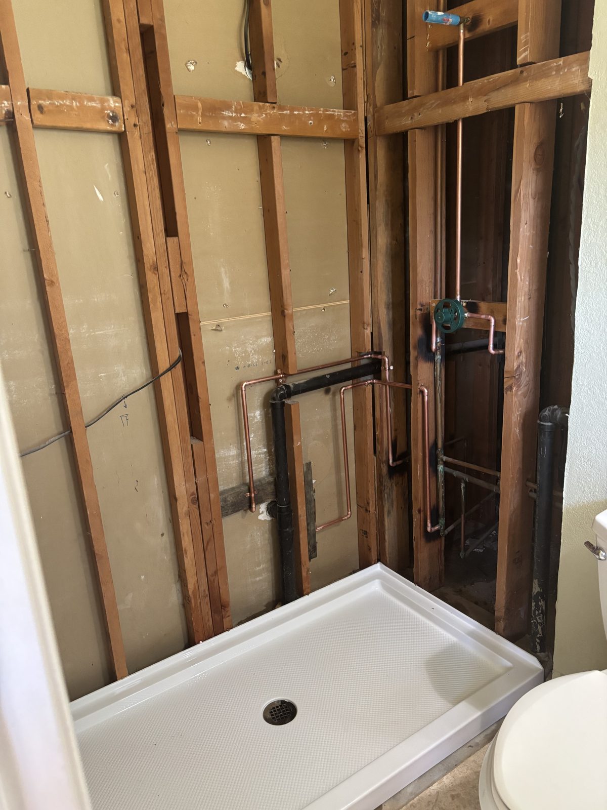 Shower remodel rough-in with new copper and shower pan